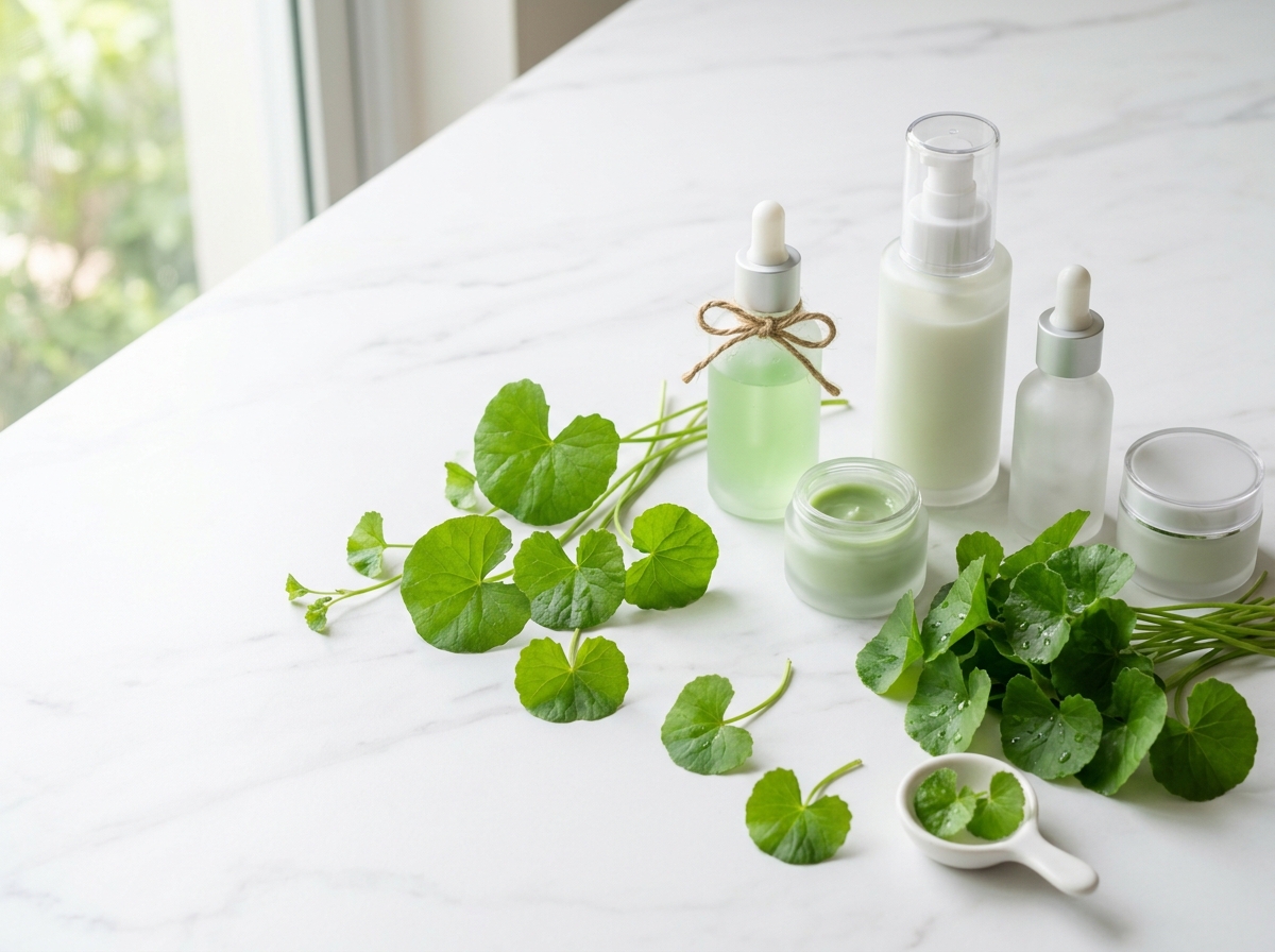 Centella asiatica leaves and botanical skincare products on a clean white surface