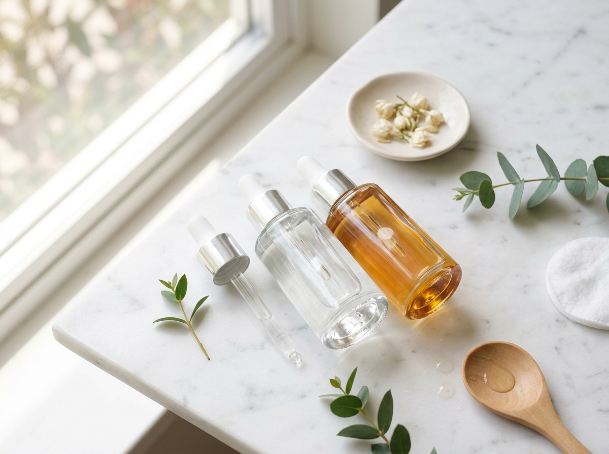 Minimalist skincare serums and dropper bottles on clean surface