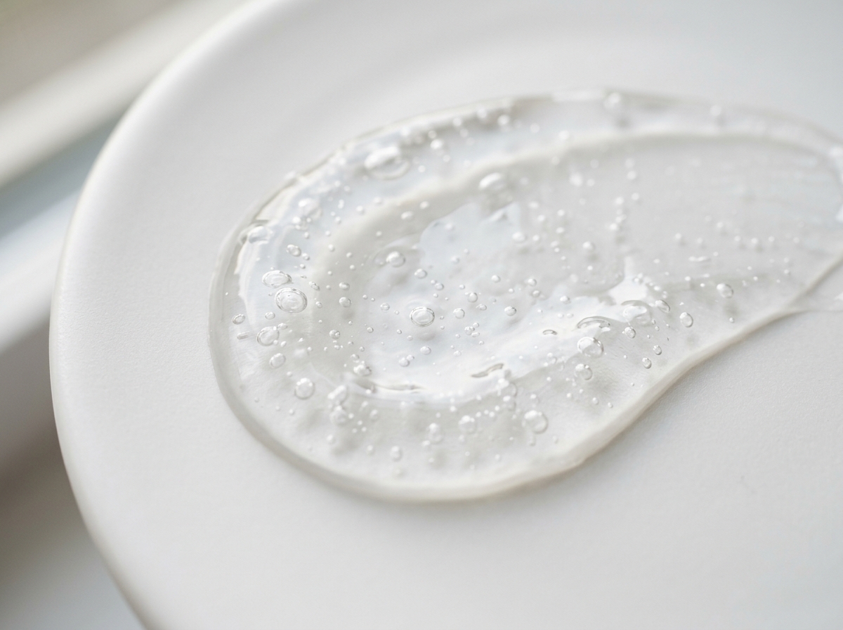 Close-up of clear gel serum texture with delicate bubbles on clean white surface