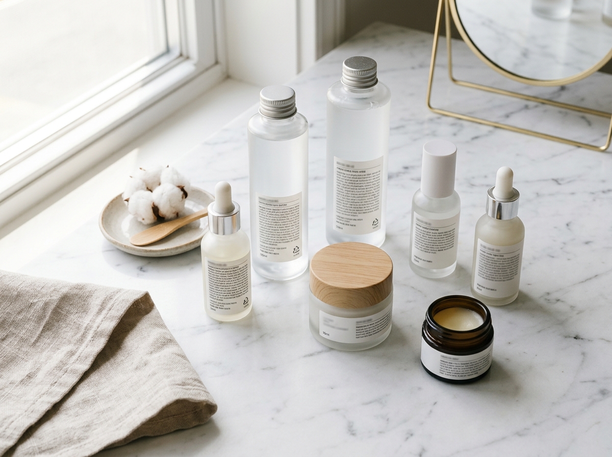 Close-up of Korean skincare product bottles showing ingredient labels
