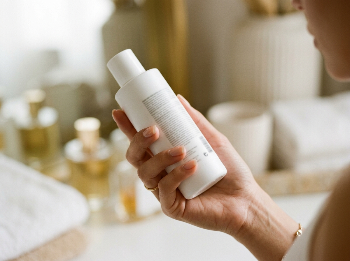 Hand holding skincare bottle examining ingredient list