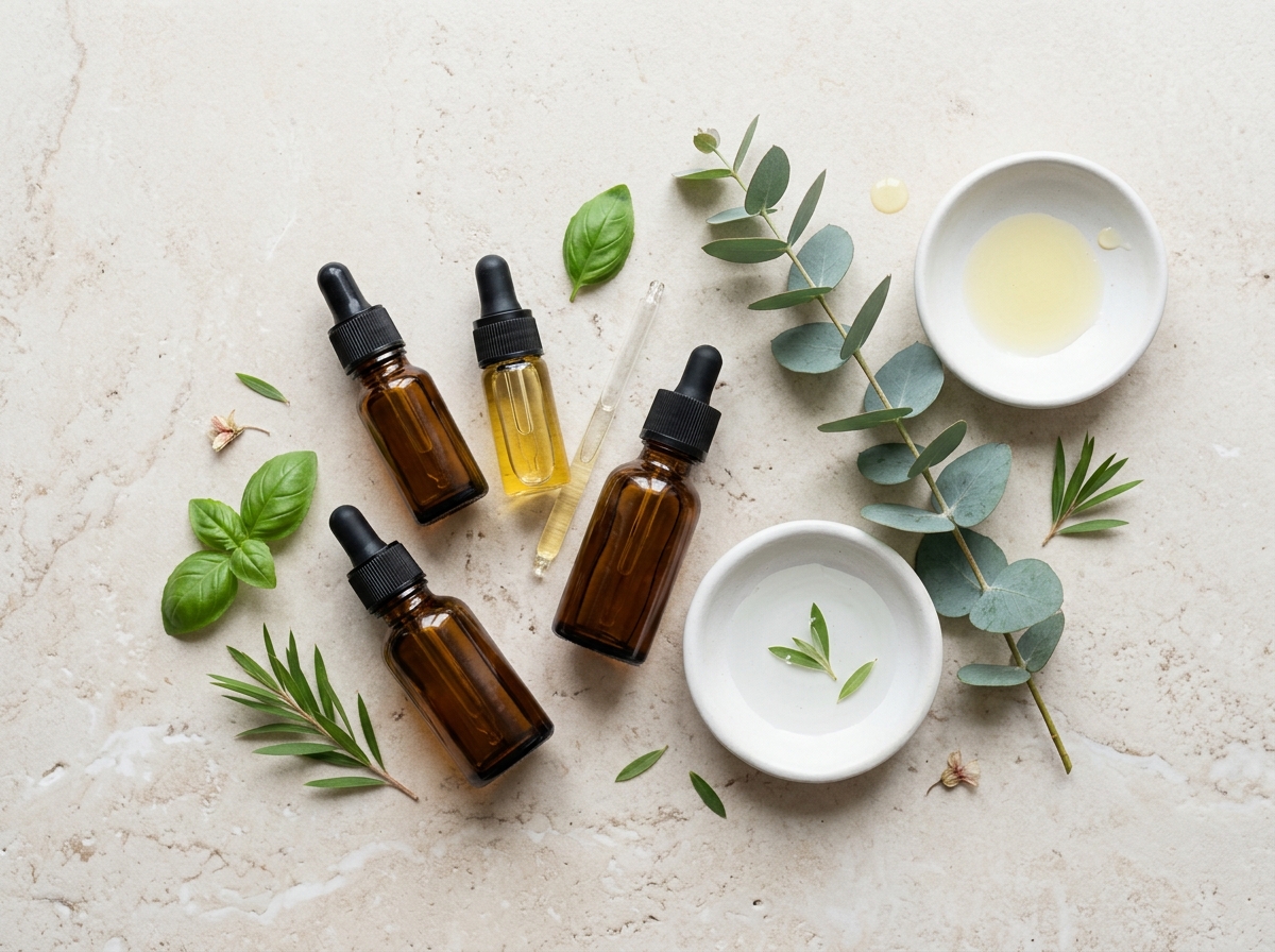 Skincare ingredients and botanical extracts on clean surface
