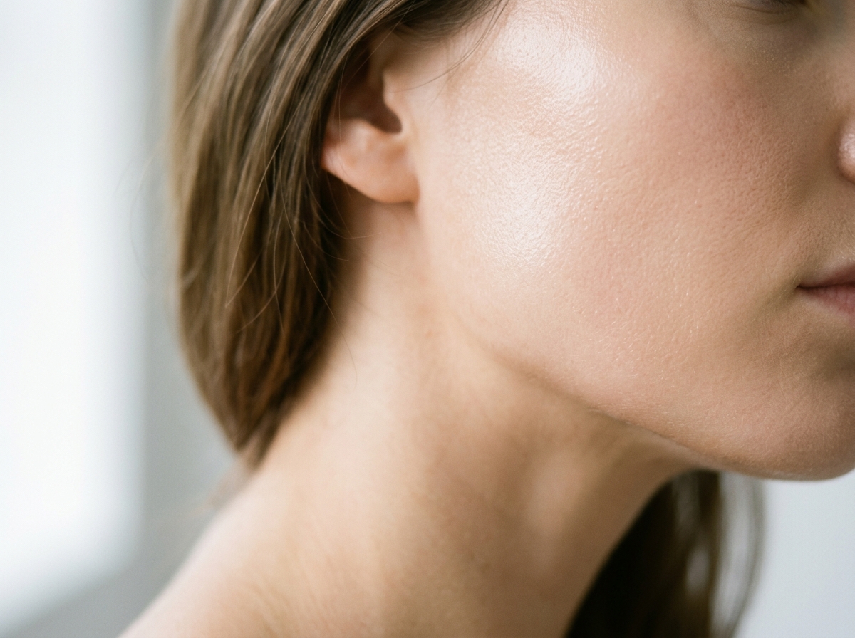 Close-up of dewy, glowing skin with natural light