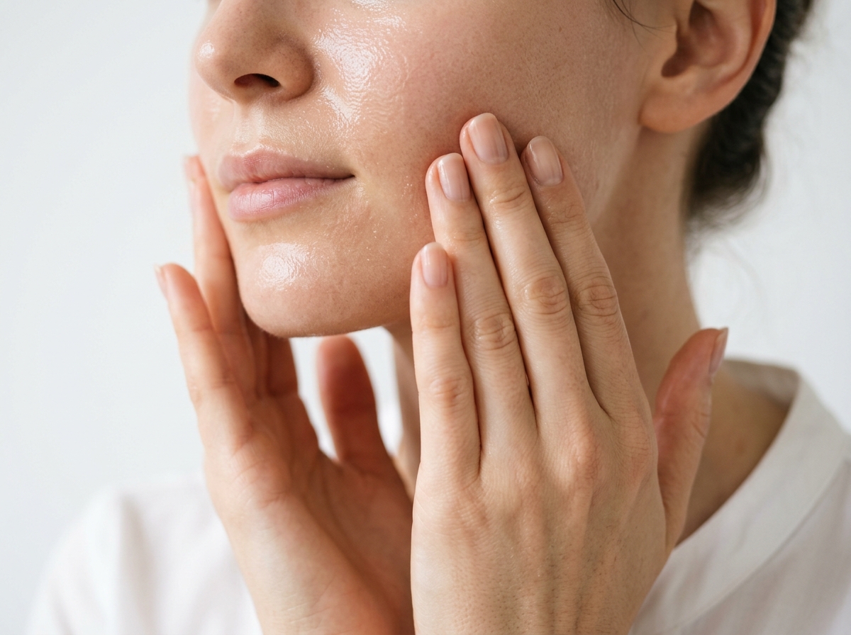 Hands gently pressing skincare into skin