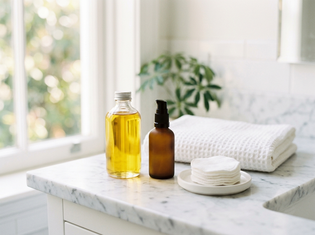 Clean minimalist bathroom counter with oil cleanser bottle and soft cotton rounds