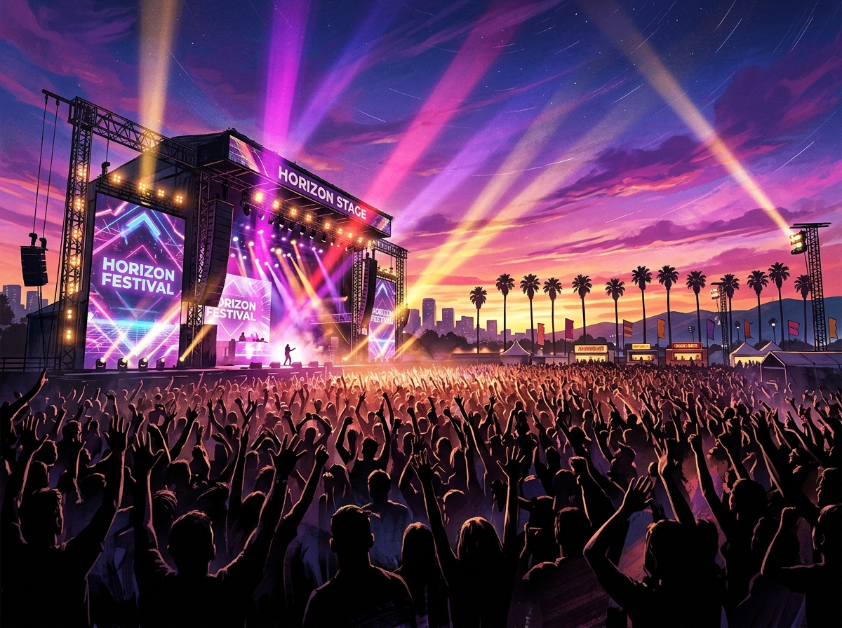 Concert stage with dramatic spotlights and massive crowd at outdoor music festival