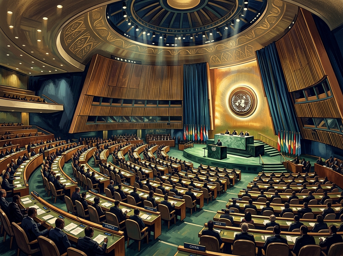 United Nations General Assembly hall with podium and delegate seating