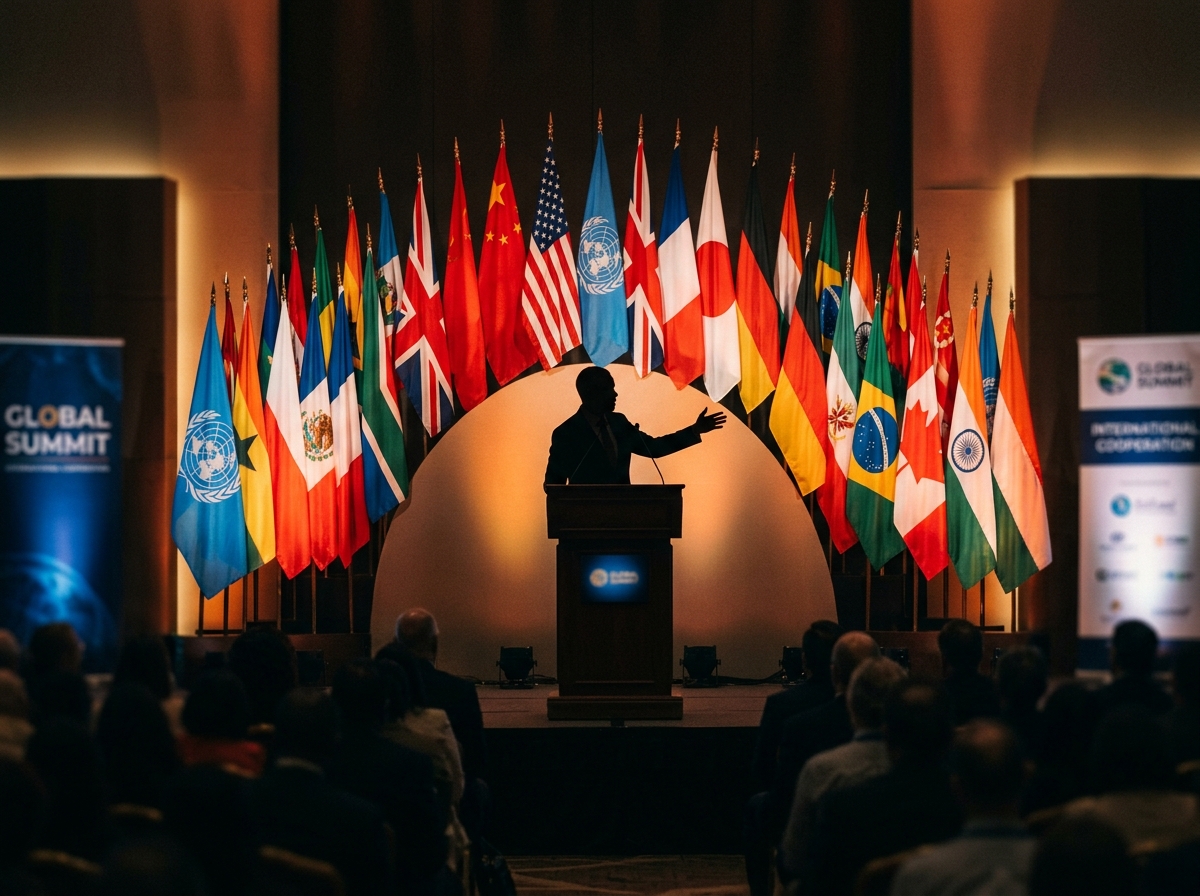 Silhouette of speaker at podium with international flags
