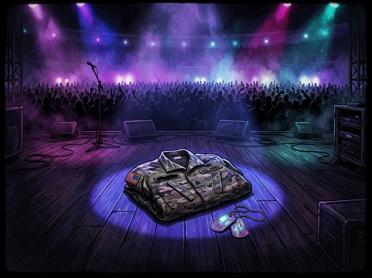 Military uniform and dog tags on a stage with dramatic lighting