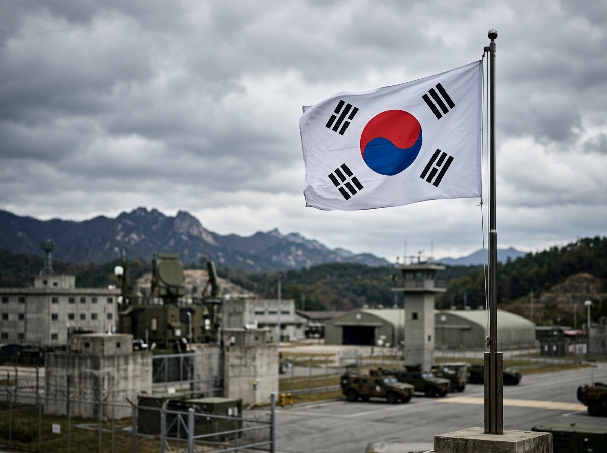 South Korean flag with military base in background
