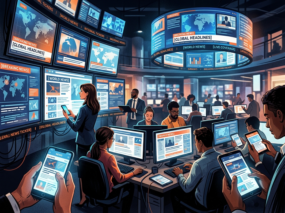 Global news headlines on digital screens