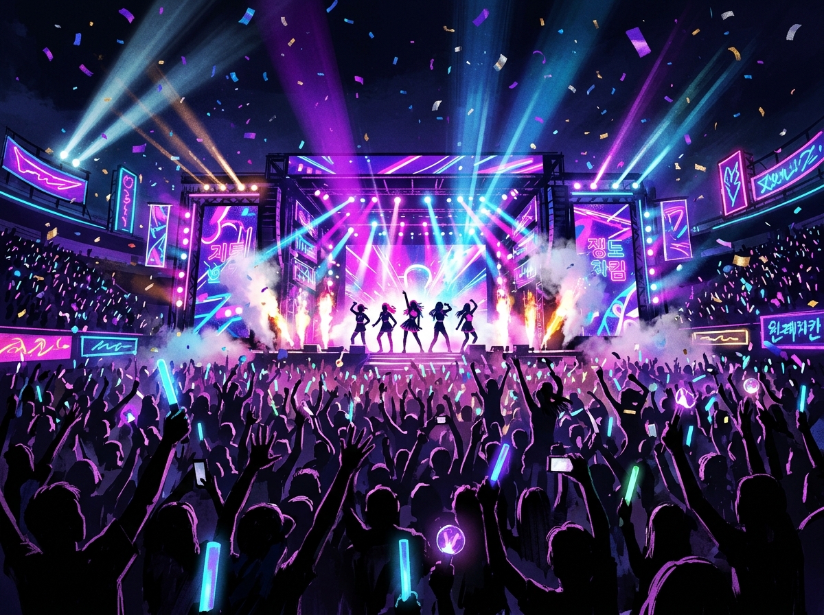 Colorful K-pop stage with dramatic spotlights and cheering crowd silhouettes