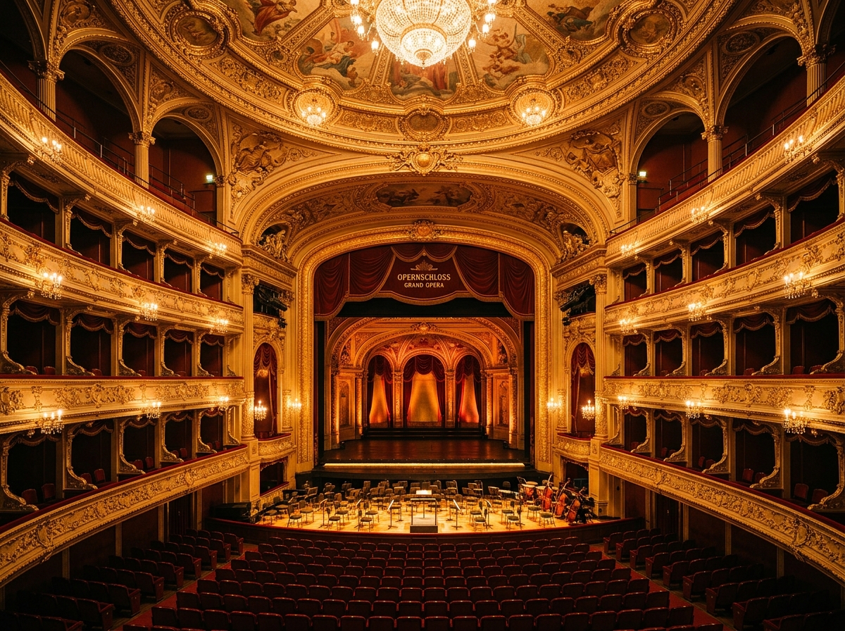 Grand opera house interior with orchestra pit and stage lighting