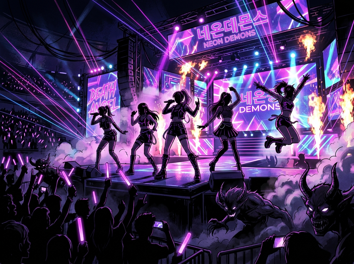 Animated K-pop concert stage with neon lights and demon-fighting action