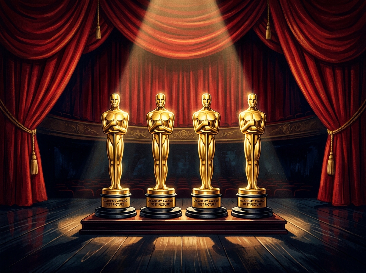Oscar statuettes on a stage with dramatic lighting
