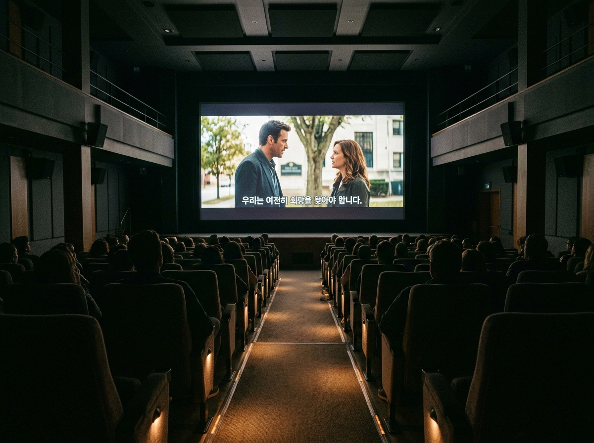 Film festival screening with subtitles on screen