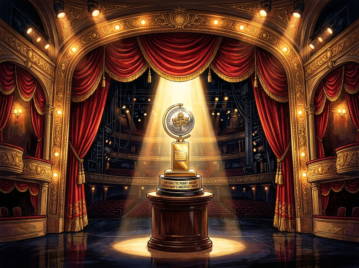 Broadway theater marquee with Tony Award trophy on stage