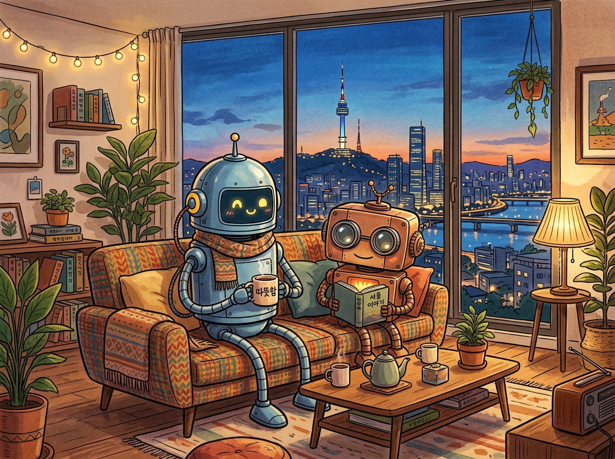 Two robot companions in a cozy apartment setting