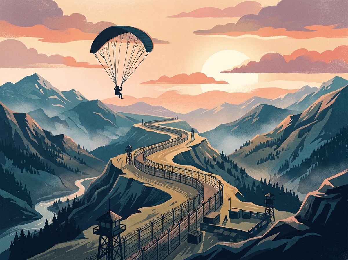 Romantic K-drama scene with paraglider and dramatic landscape