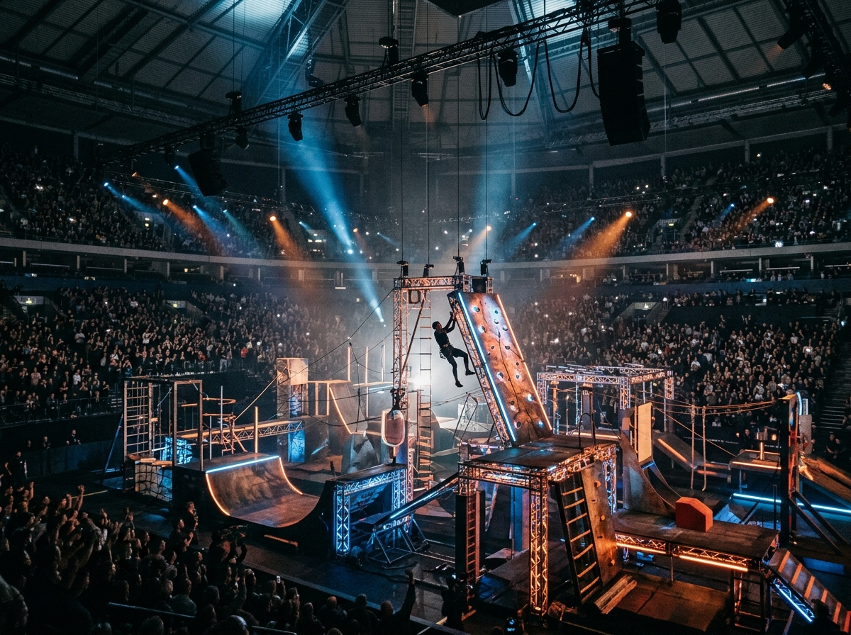 Dramatic competition arena with athletic obstacles and lighting