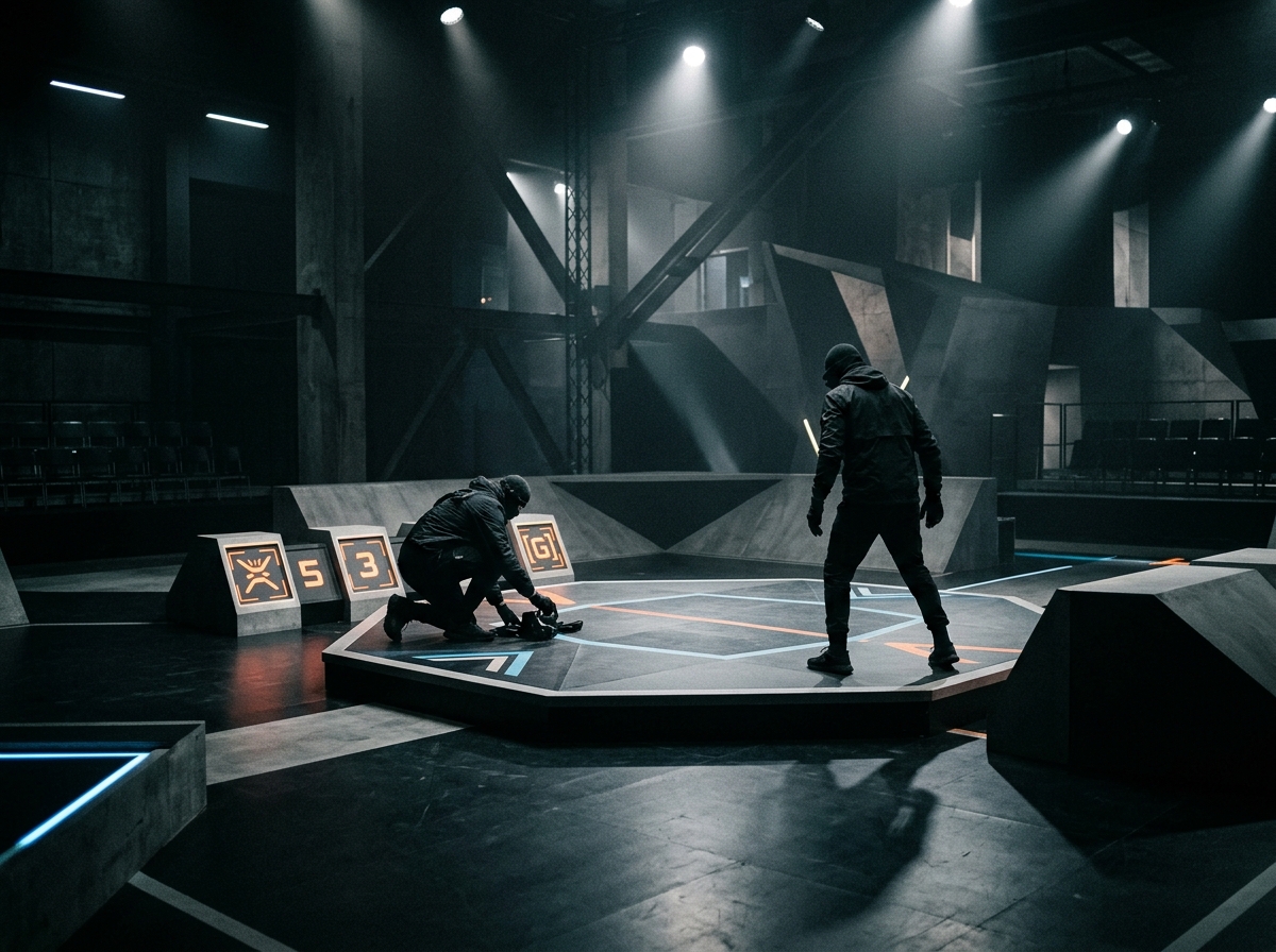 Stylized game arena with dramatic lighting and tension