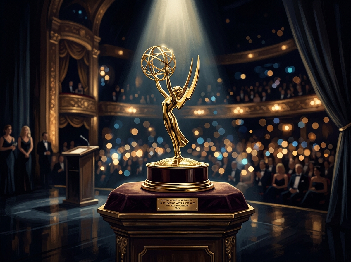 Emmy award statuette on stage with spotlight