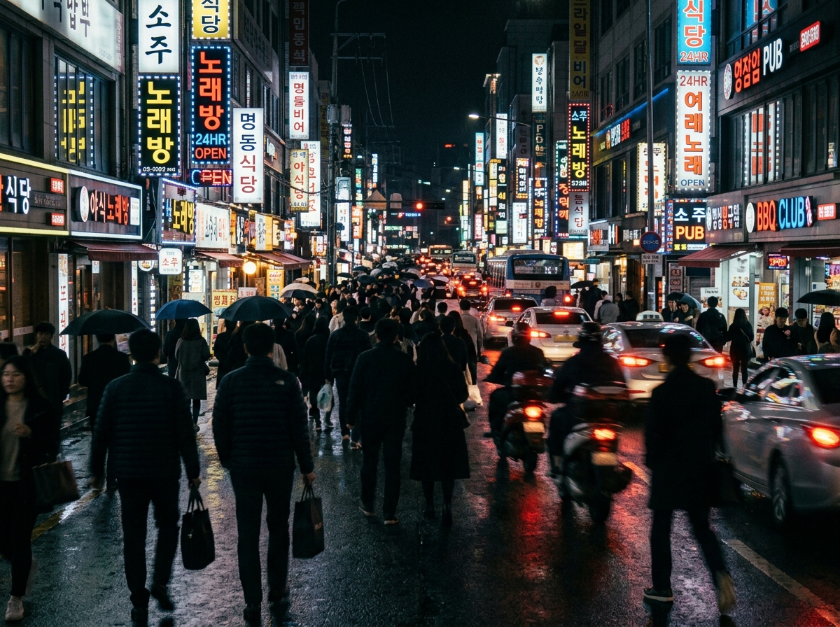 Crowded city street with neon signs at night