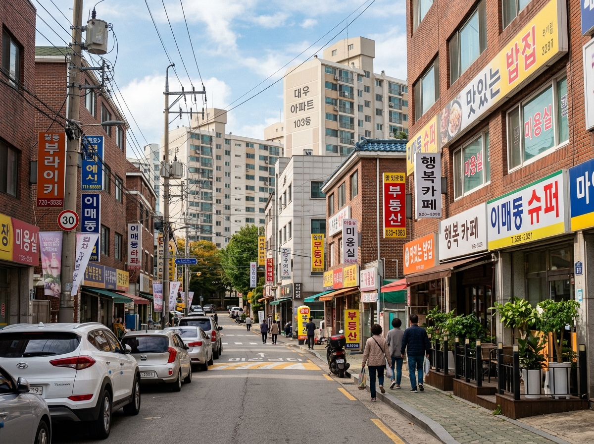 Korean neighborhood street with apartments and local shops
