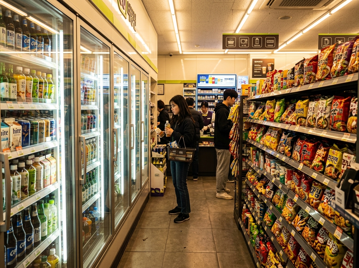 Korean convenience store interior with products on shelves