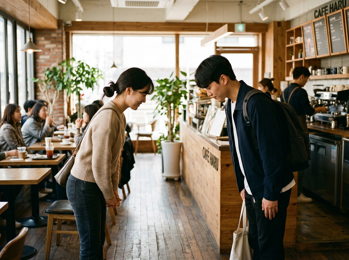 Korean friends greeting each other respectfully in a casual setting