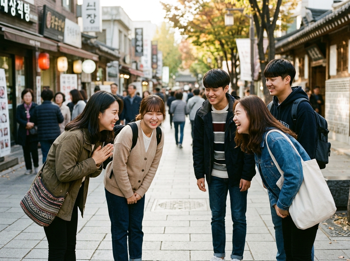 Group of Korean friends greeting each other warmly