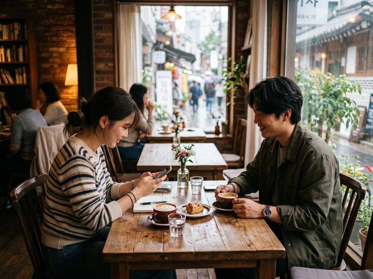 Young Korean friends chatting in a cafe