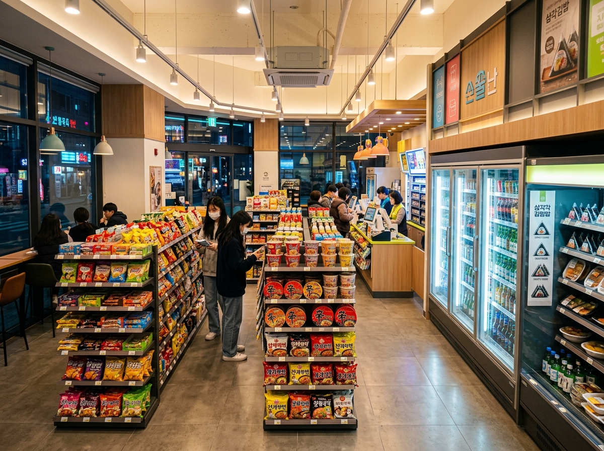 Colorful Korean convenience store interior with bright shelves