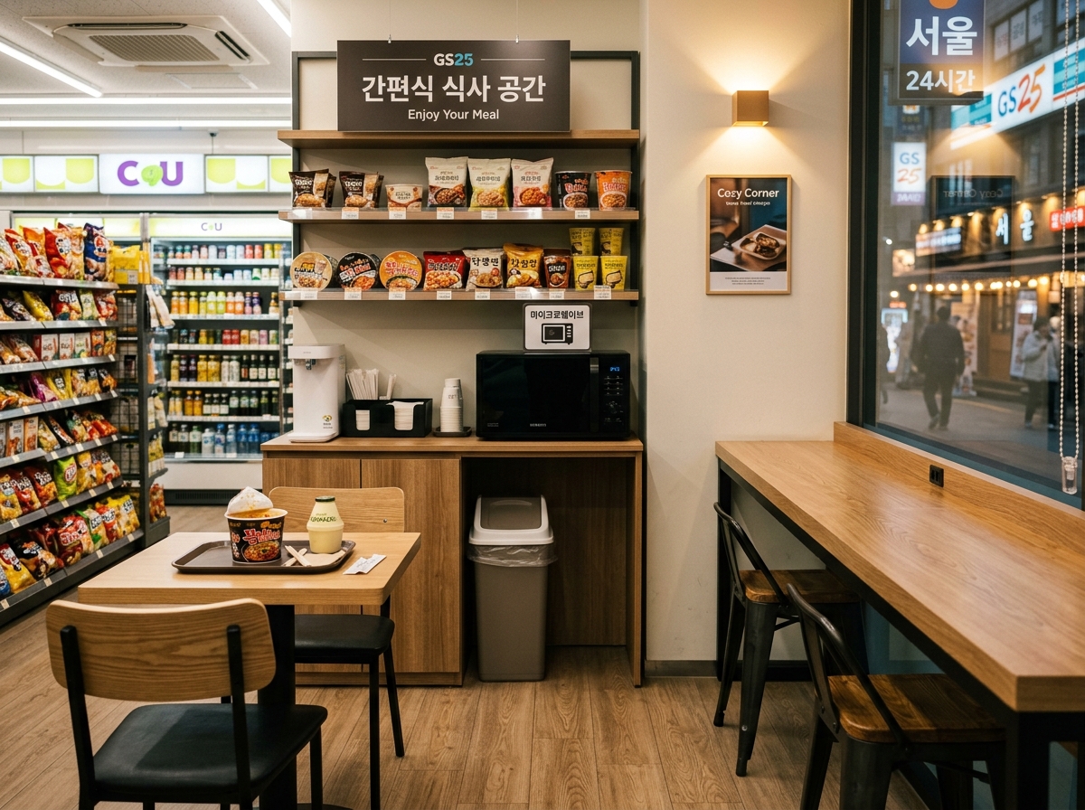 Convenience store seating area with microwave
