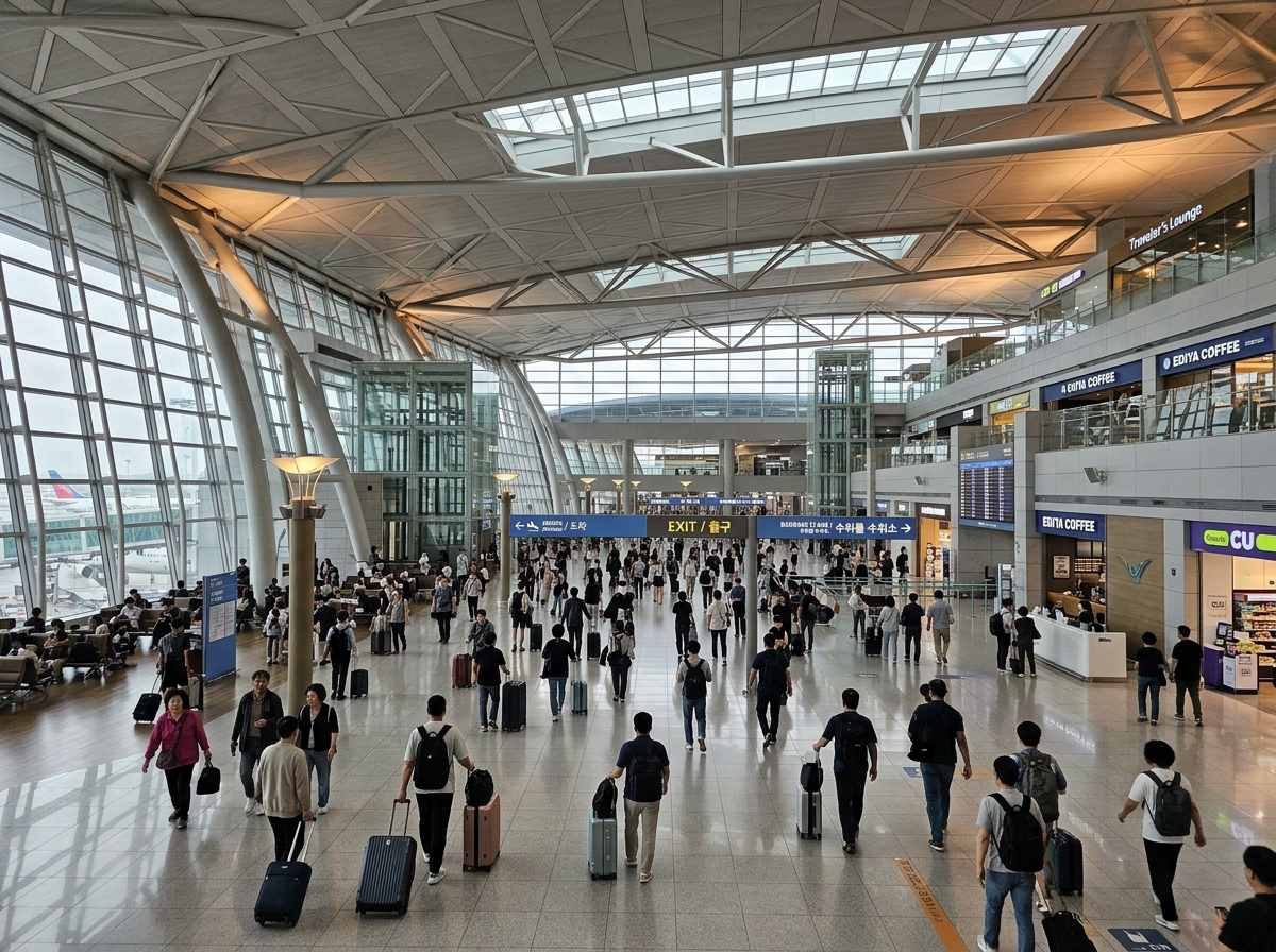 Incheon Airport arrivals hall with travelers