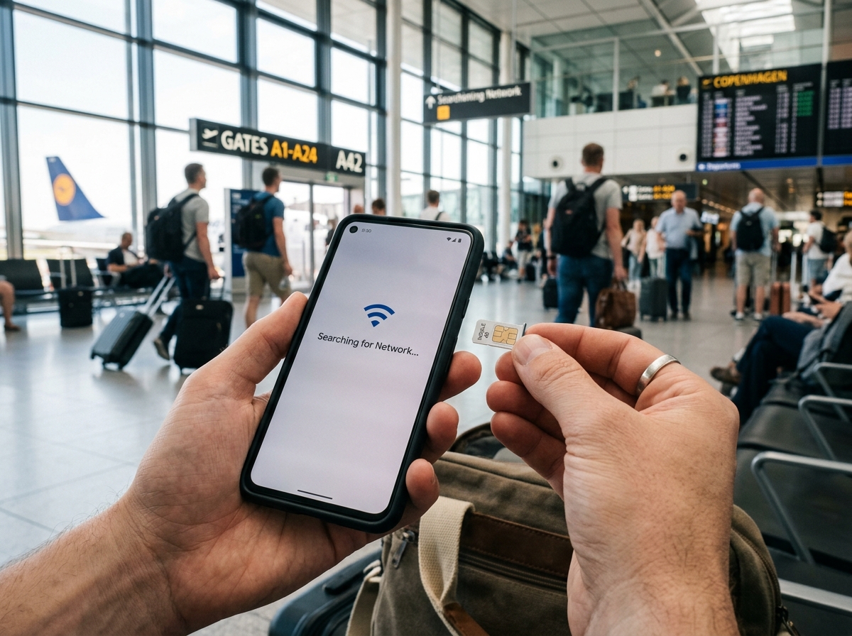 Hand holding smartphone with Korean SIM card