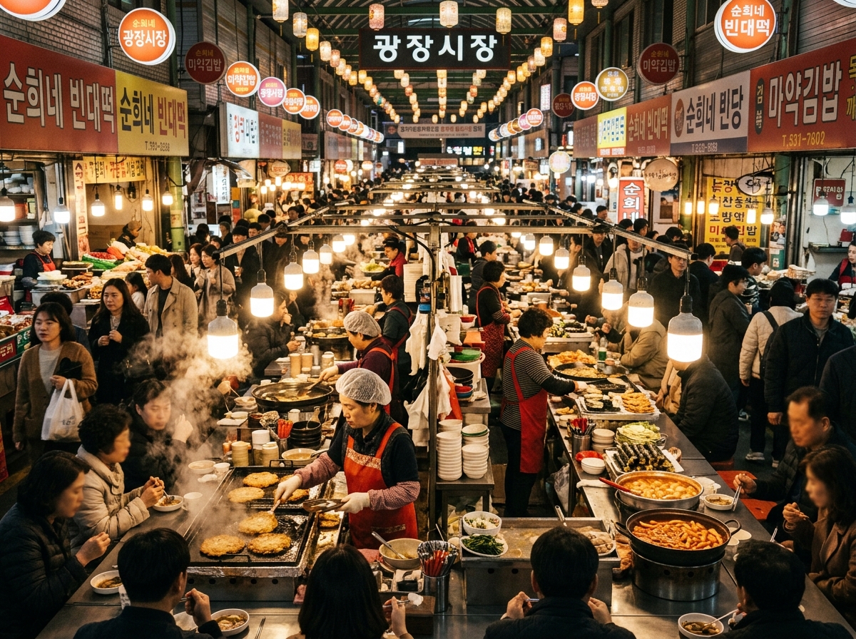 Busy Korean traditional market with colorful food stalls and vendors
