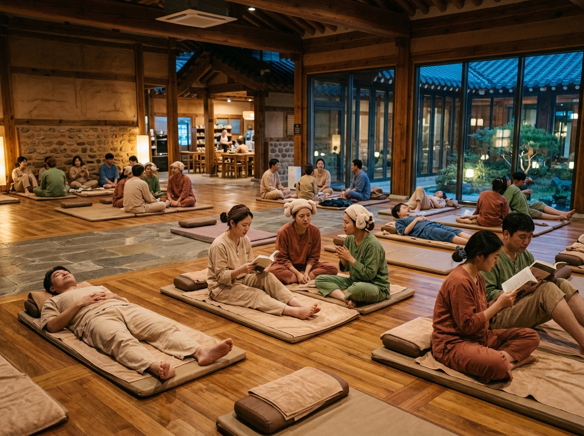 Interior of a Korean jjimjilbang common area with heated floor rooms