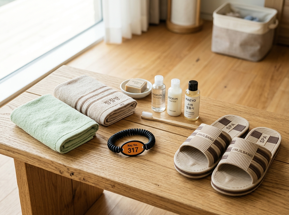 Korean spa essentials including towels and amenities