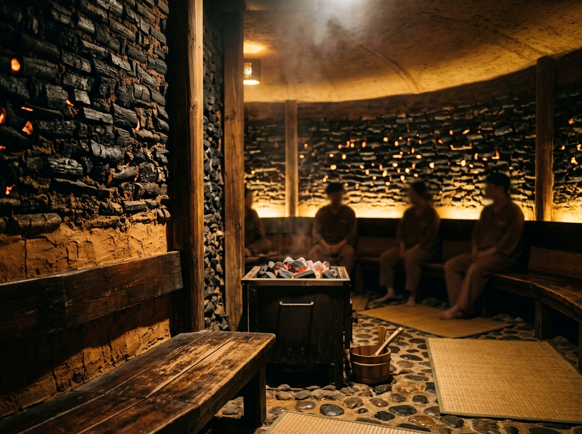 Traditional Korean sauna room with warm ambient lighting