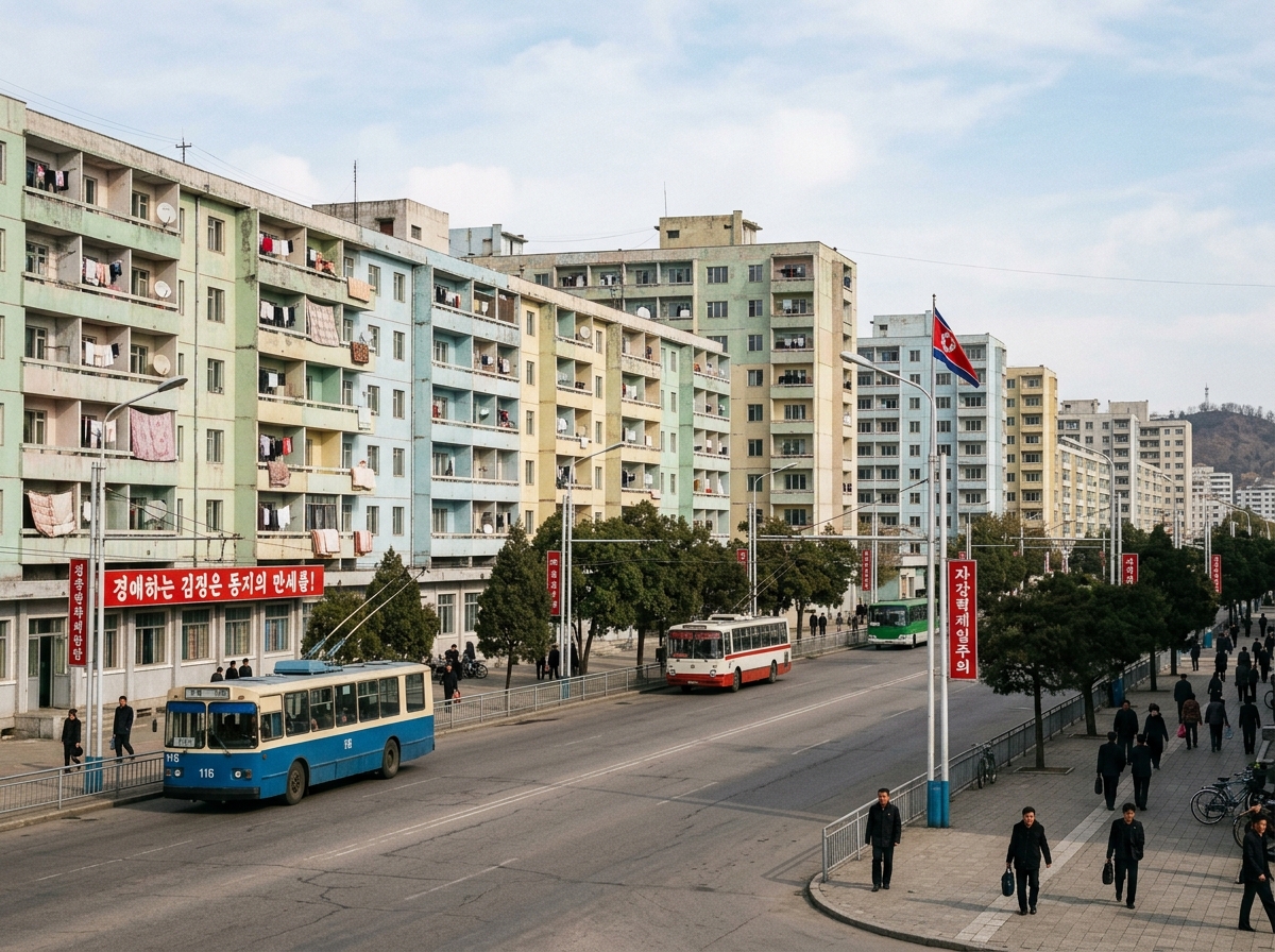 Traditional North Korean apartment buildings in Pyongyang