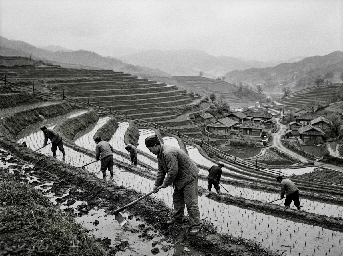 North Korean countryside farming scene