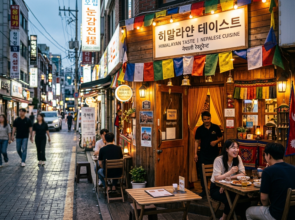 Nepali restaurant storefront in Seoul's multicultural neighborhood