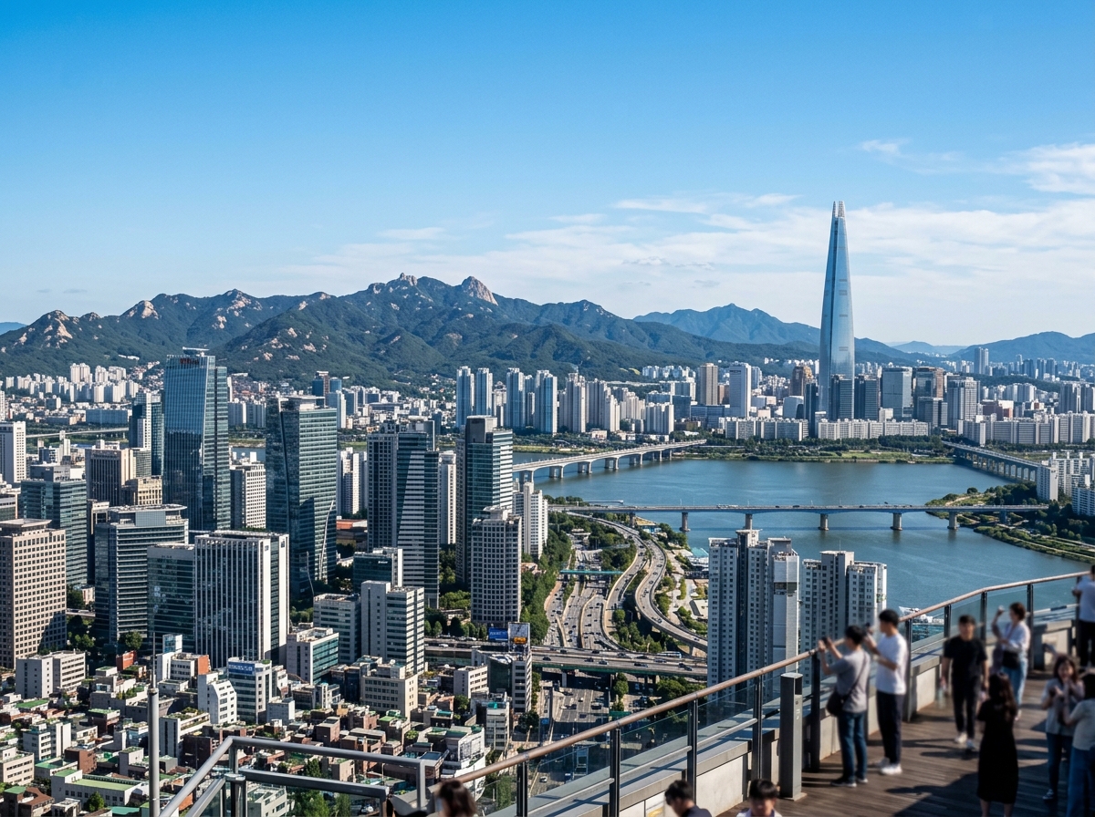 Seoul cityscape with modern skyscrapers and mountains in background