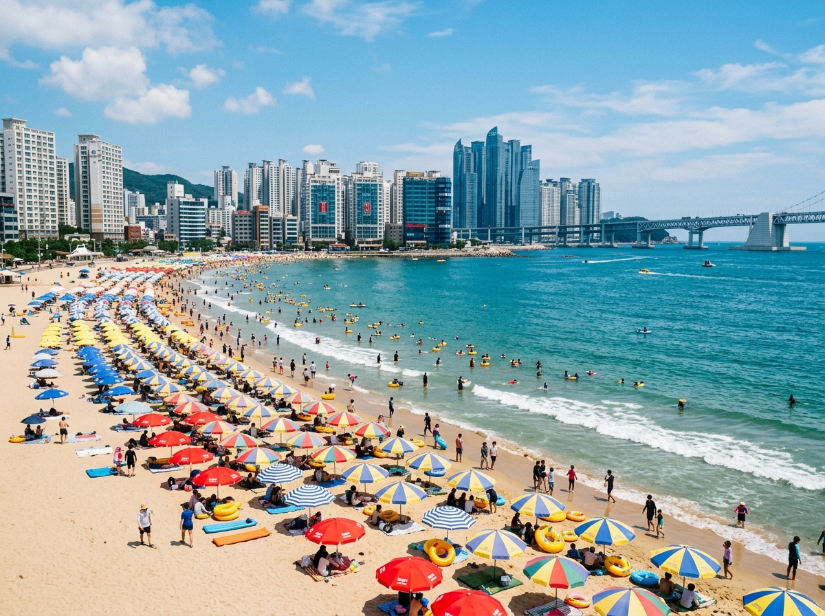 Busan's Haeundae Beach with colorful umbrellas and oceanfront