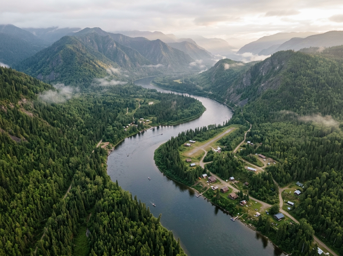 Aerial view of the Tumen River border region between Russia and North Korea