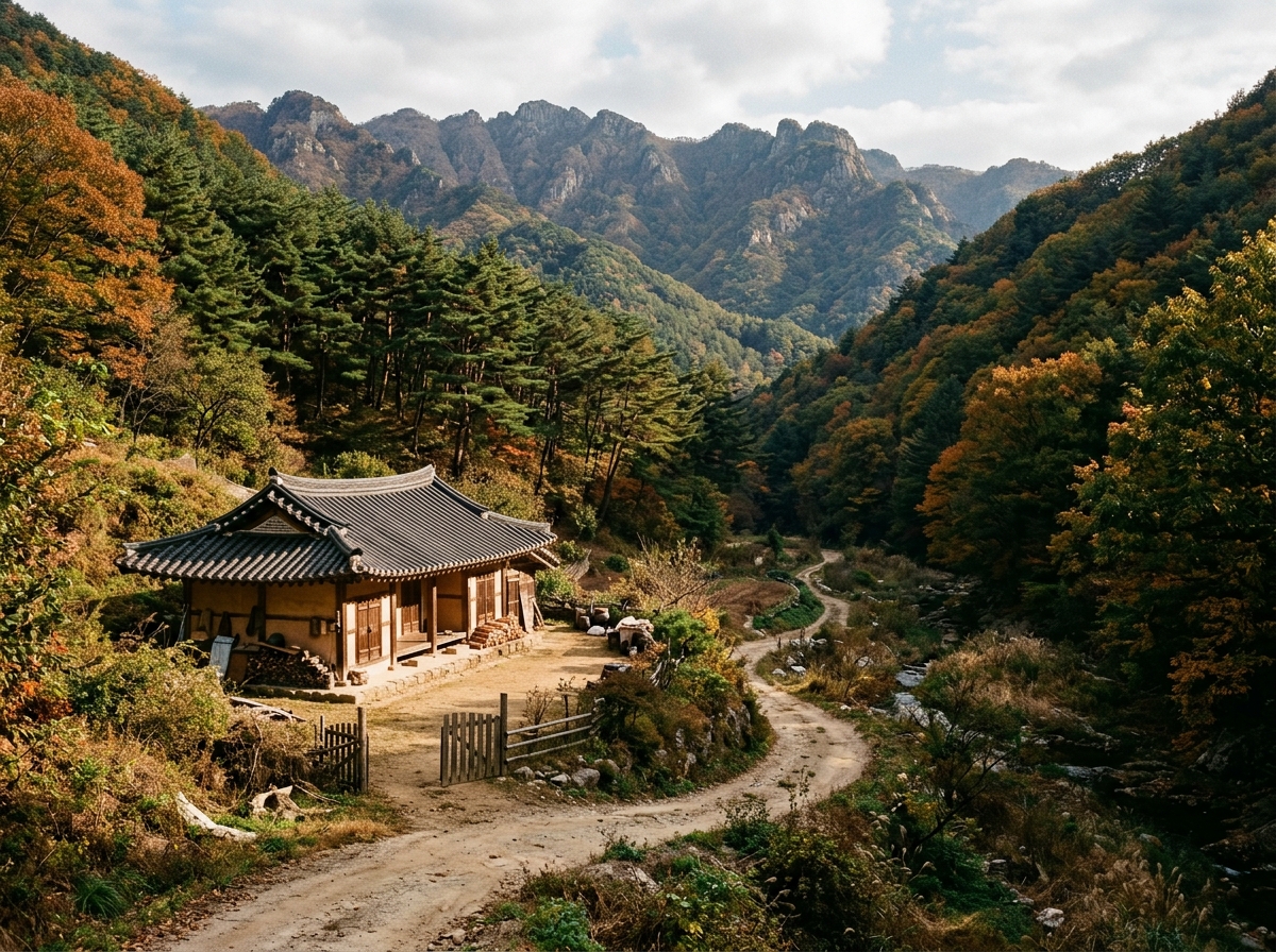 Rural Korean building in mountain valley