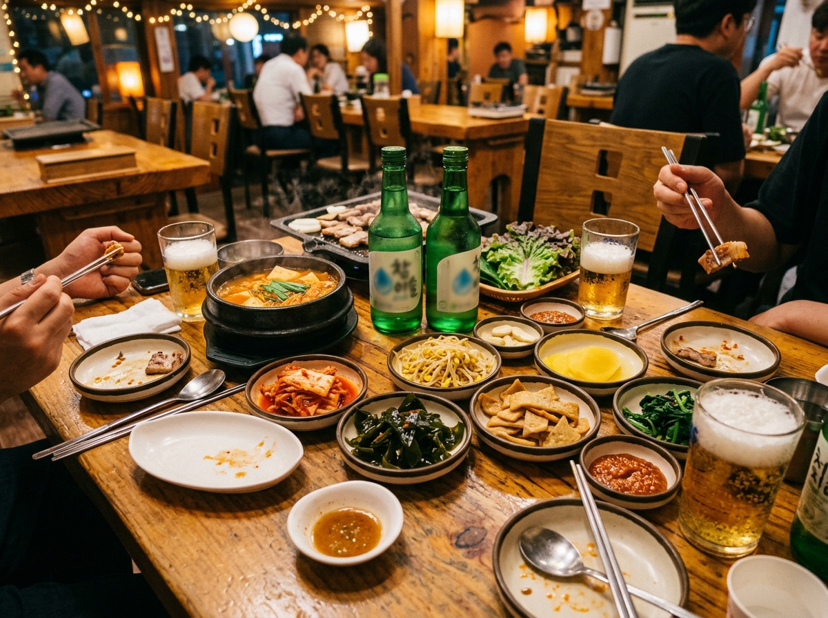 Traditional Korean soju and beer bottles on a table with small dishes