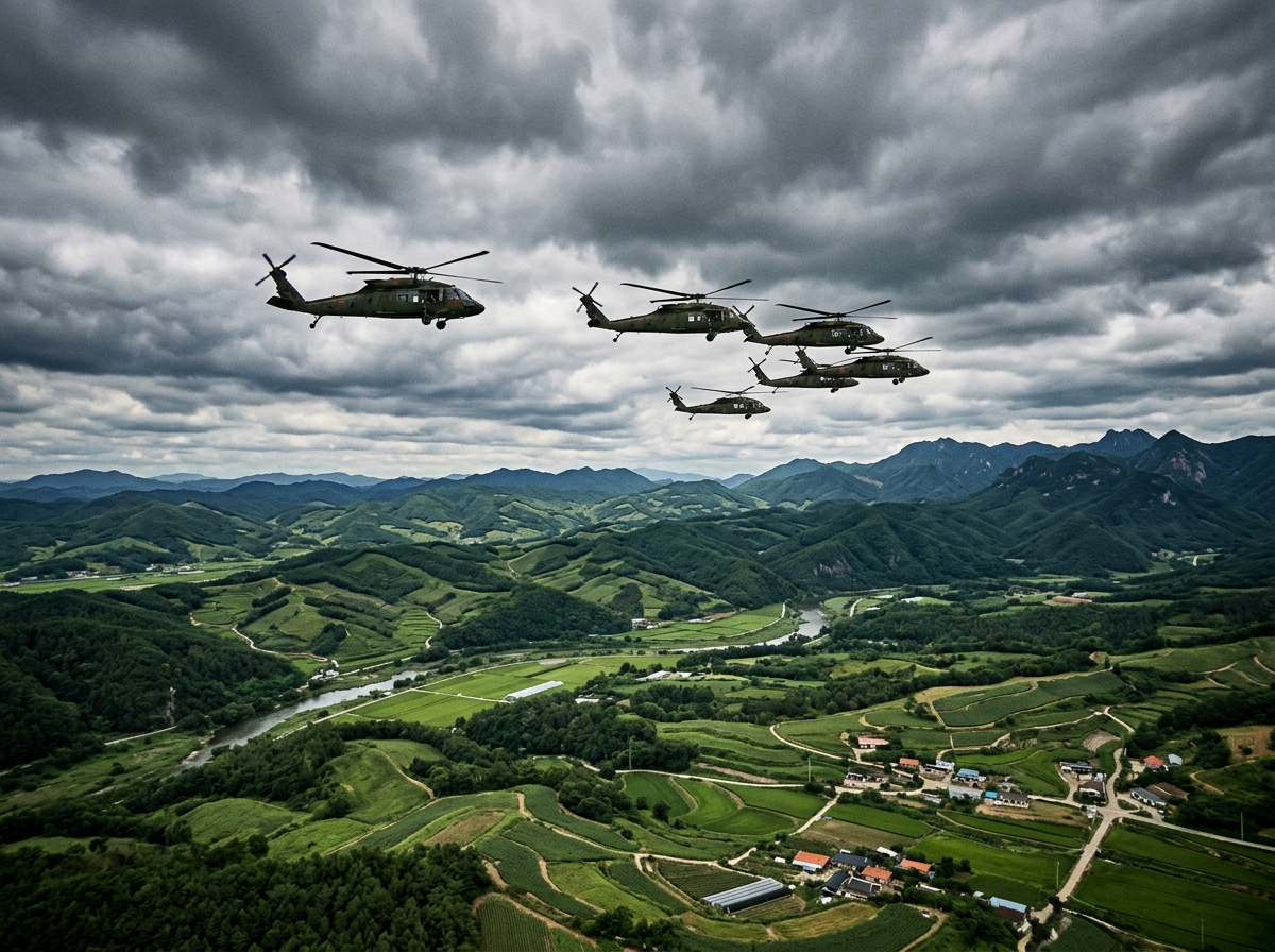 Military helicopters flying over South Korean landscape