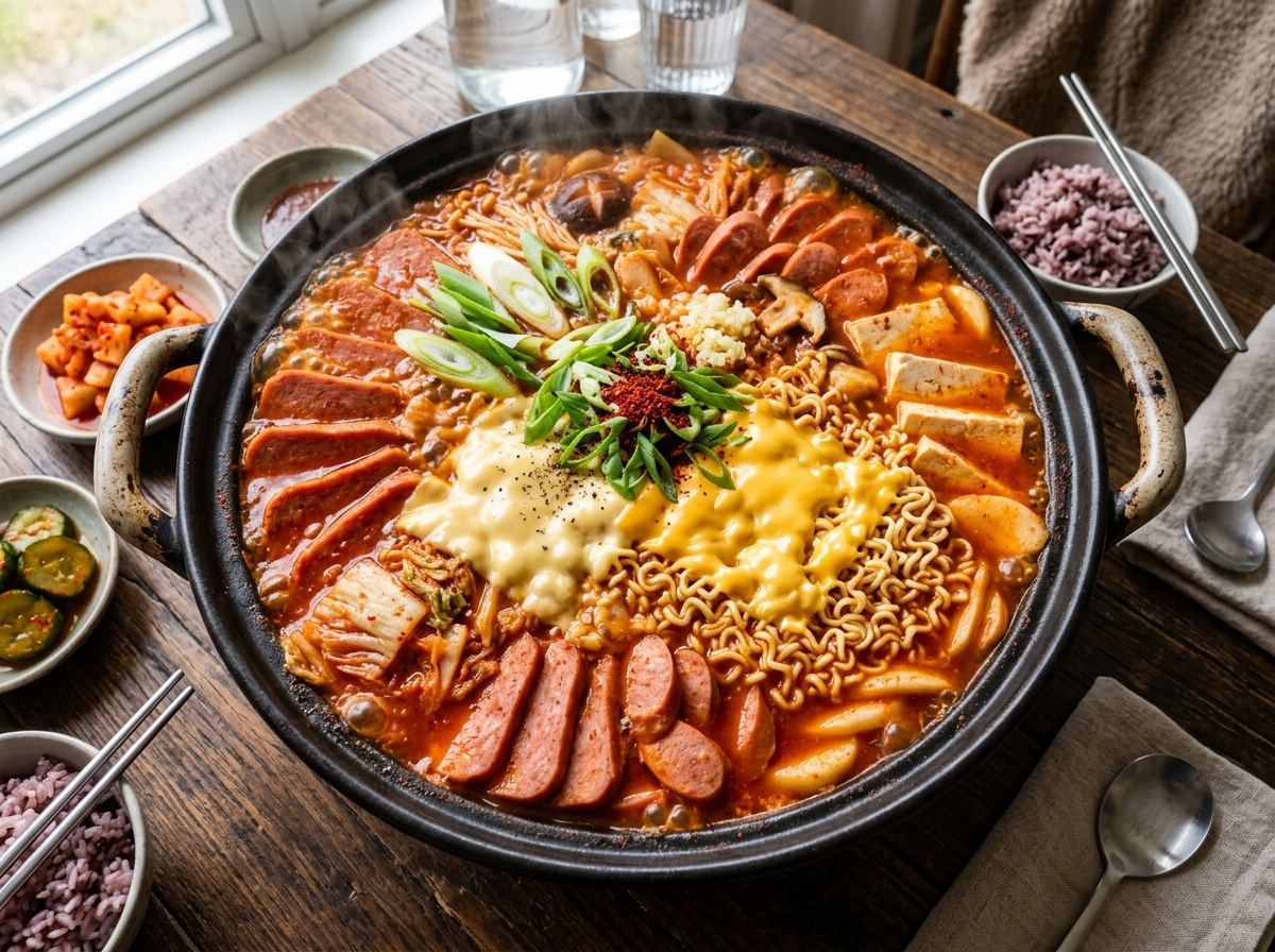 Bubbling budae jjigae in a shallow pot with spam, sausages, ramen noodles, and vegetables